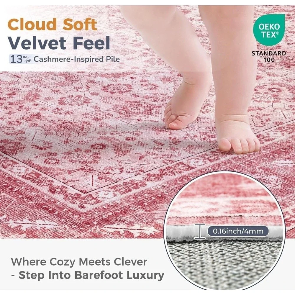OPPODREAM Vintage Style Pink 3x6 Runner Rug, 3 x 6 Retro Washable Rug Non Slip